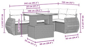 6 pcs conjunto de sofás jardim c/ almofadões vime PE castanho