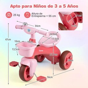 Triciclo para crianças com direção limitada, assento ergonómico, cestos dianteiro e traseiro e campainha para 3-5 anos, cor rosa