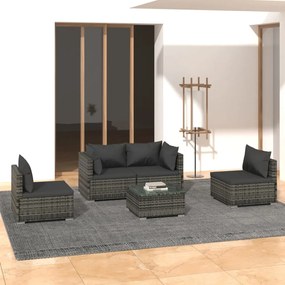 5 pcs conjunto lounge de jardim c/ almofadões vime PE cinzento