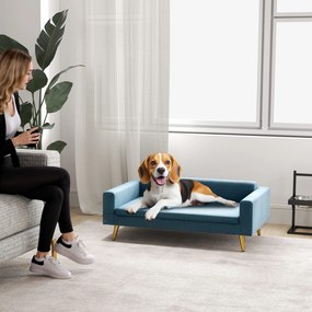 Sofá-cama para cães com design escandinavo, almofada macia, pés em metal dourado, 94 x 59,5 x 31,5 cm, veludo sedoso azul