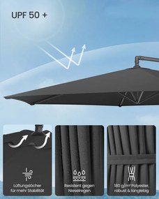 Guarda-sol de 350 cm com manivela para abrir e fechar com base cruzada, cinzento