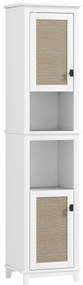HOMCOM Armário Casa de Banho com Prateleira Ajustável 2 Portas em Vime e 2 Compartimentos Estilo Boho 40x30x167,5 cm Branco | Aosom Portugal