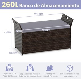 Banco jardim com arrumação para exterior com almofada de rattan PE e pegas laterais para 2 pessoas Caixa de piscina Terraço Jardim Castanho Rústico +