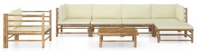 7 pcs conj. lounge p/ jardim em bambu c/ almofadões branco nata