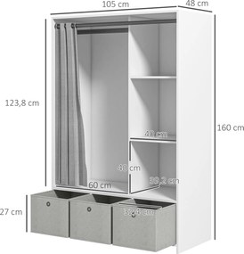 Guarda-roupa com varão para cortinas e 3 gavetas de tecido removíveis, 105 x 48 x 160 cm, branco