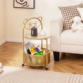 Mesa de centro de vidro móvel Mesa apoio ou cabeçeira de 2 níveis com padrão de urso Cesto de arrumação Estrutura metálica Mesa lateral moderna Dourad