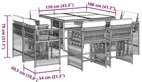 9 pcs conjunto de jantar p/ jardim c/ almofadões vime PE preto