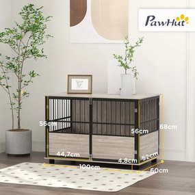 Gaiola para cães de interior, mesa auxiliar, 100 x 60 x 68 cm, casota, 3 portas com fechadura, acabamento em cor nogueira, preto