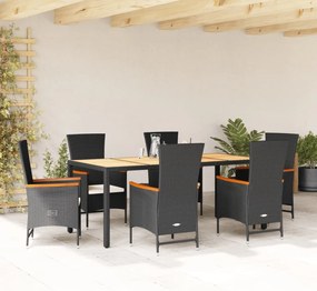 vidaXL 7 pcs conjunto de jantar p/ jardim c/ almofadões vime PE preto