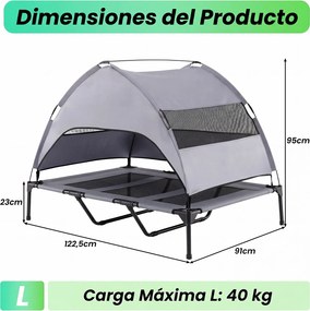 Cama Elevada para Cães com Dossel, 122,5 x 91 x 95 cm, Dossel Removível, Cinzento