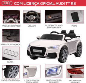 Carro Elétrico Audi TT para Crianças acima de 3-5 anos com Controlo Remoto Música e Luzes Bateria 12V 102x60x44 cm Branco