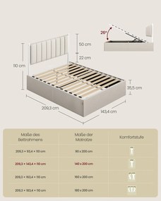 Estrutura de cama 140 x 200 cm (COLCHÃO NÃO INCLUIDO) com arrumação sob a cama; cabeceira em bege cappuccino