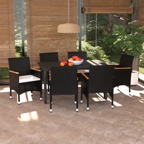 vidaXL 7 pcs conjunto de jantar p/ jardim c/ almofadões vime PE preto