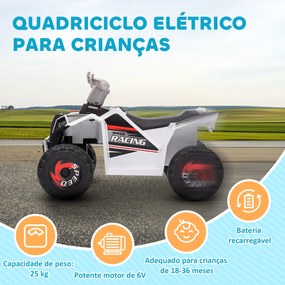 Moto 4 Elétrica para Crianças Veículo Elétrico a Bateria de 6V com Velocidade de 2,5 km/h 70x41,5x48,5 cm Branca