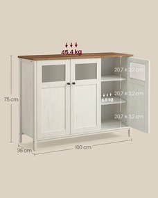 Aparador, Armário de cozinha 35 x 100 x 75 cm com portas de vidro em castanho mel e branco vintage