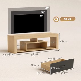 Móvel de TV 140 x 40 x 45 cm, móvel para televisor de 65 polegadas com prateleiras de vidro ajustáveis, gaveta e compartimentos abertos, cor carvalho