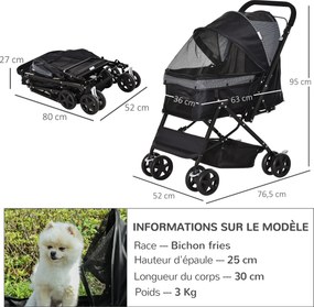Carrinho dobrável para cães e animais de estimação, com 4 rodas em EVA, guiador ajustável e cesto, 76,5 x 52 x 95 cm preto