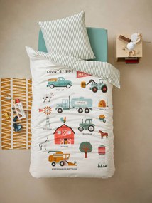 Conjunto capa de edredon + fronha de almofada, com algodão reciclado, Colheita branco estampado