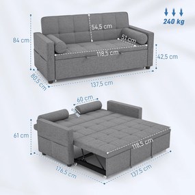 Sofá-Cama 2 Lugares 3 em 1 Deslizante em Tecido Linho com Encosto Ajustável Bolsos 2 Almofadas para Sala de Estar Cinza