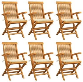 vidaXL Cadeiras de jardim c/ almofadões creme 6 pcs teca maciça