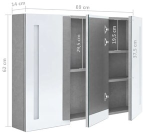 Armário espelhado casa de banho LED 89x14x62cm cinzento cimento