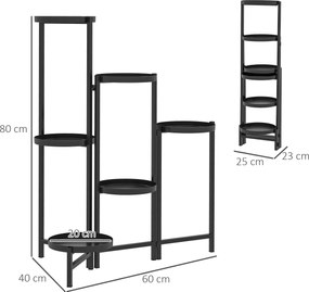 Suporte para plantas com 6 níveis  60 x 40 x 80 cm, prateleira ajustável e dobrável em metal, design sem parafusos, preto