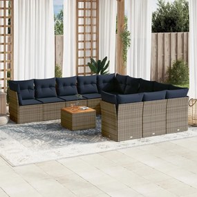 vidaXL 12 pcs conjunto sofás p/ jardim c/ almofadões vime PE cinzento