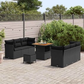 Conjunto de Sofá de Jardim de 9 Peças com Almofadas Preto Rattan Polié