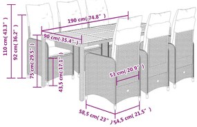7 pcs conjunto bistrô de jardim c/ almofadões vime PE cinza