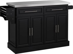 Ilha de Cozinha com Rodas Bancada de Aço Inoxidável 2 Gavetas 4 Portas e 2 Prateleiras Ajustáveis 145x45x93 cm Preto