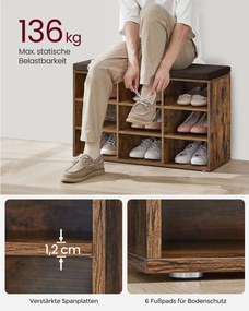 Banco spateira com almofadas e 9 compartimentos 30,3 x 78,5 x 48 cm Castanho vintage