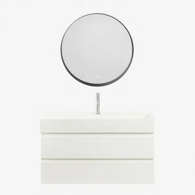 Conjunto De Móvel De Casa De Banho Em Madeira E Chapa De Freixo Com Lavatório Integrado Ona Branco & Redondo Led E Anti-embaciamento - Sklum