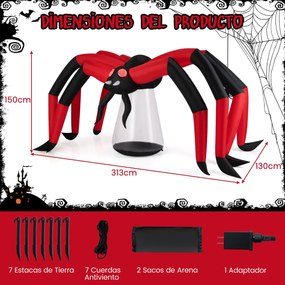 Aranha insuflável 313 cm gigante de Halloween com luzes LED impermeável para exterior com estacas e cordas Vermelho + Preto