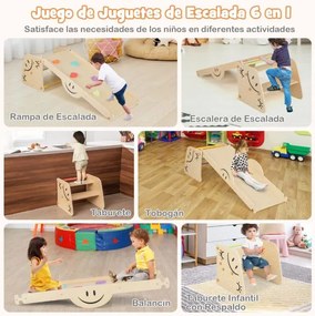 Conjunto de escada de madeira 6 em 1 com baloiço reversível e banco de degraus ajustável em altura para crianças Escada de escalada multicolorido