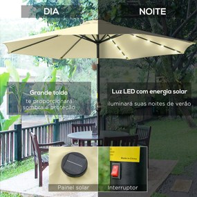 Outsunny Chapéu de Sol com 32 Luzes LED Solares Ø265x233cm Chapéu de Sol Inclinável com Manivela e Mastro de Aço para Terraço Pátio Exterior Bege