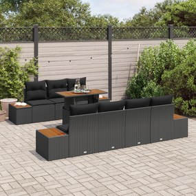 Conjunto de Sofá de Jardim de 8 Peças com Almofadas Preto Vime PE