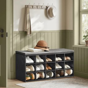 Banco sapateira para sapatos 30 x 105 x 48 cm com almofada e 15 compartimentos em preto-cinza ardósia