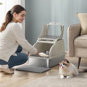 Caixa de areia para gatos em aço inoxidável com pá e escova, cor bege