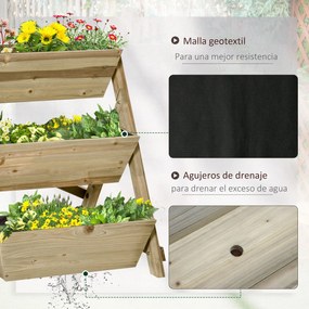 Outsunny Horta de Escada de 3 Níveis Horta de Madeira com Tecido não tecido e Orifícios de Drenagem Horta para Plantas Flores Ervas 71x61x77cm Madeira Natural