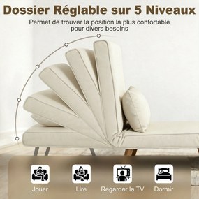 Poltrona conversível 3 em 1: poltrona-cama de 1 lugar, encosto com 5 posições, em tecido com almofada, creme