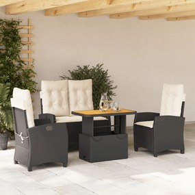 4 pcs conjunto de jardim p/ jardim c/ almofadões vime PE preto