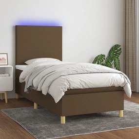 Cama box spring c/ colchão/LED 90x200 cm tecido castanho-escuro