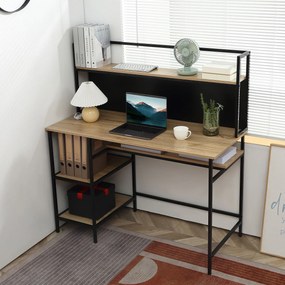 Secretária com 4 prateleiras, tampo grande e painel preto 120 x 53 x 126 A cm, carvalho e preto