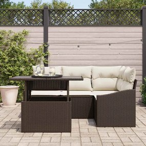 Conjunto de Sofá de Jardim de 5 Peças com Almofadas Castanho em Rattan