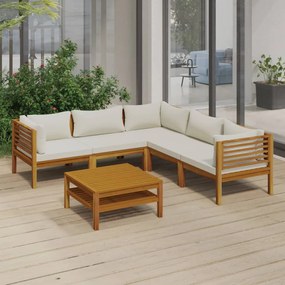 vidaXL 6 pcs conjunto lounge jardim c/ almofadões creme acácia maciça