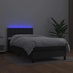 Cama box spring c/ colchão/LED 100x200cm couro artificial preto