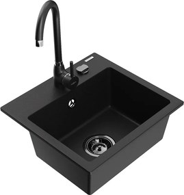 Mexen Milo lava-louça de granito 1-cuba com torneira de cozinha Telma, preto - 6505-77-670200-70-B