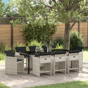 vidaXL Conjunto de Jantar de Jardim com 9 Peças e Almofadas Cinza Claro Vime Poliéster