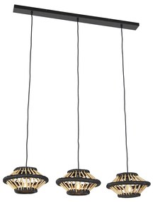 Candeeiro de suspensão oriental em bambu com preto oblongo 3 luzes - Evalin Oriental