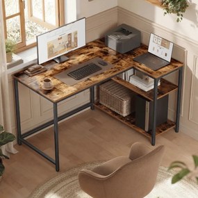 Secretária de canto em forma de L 110 x 80 x 76 cm com estação de carregamento castanho vintage